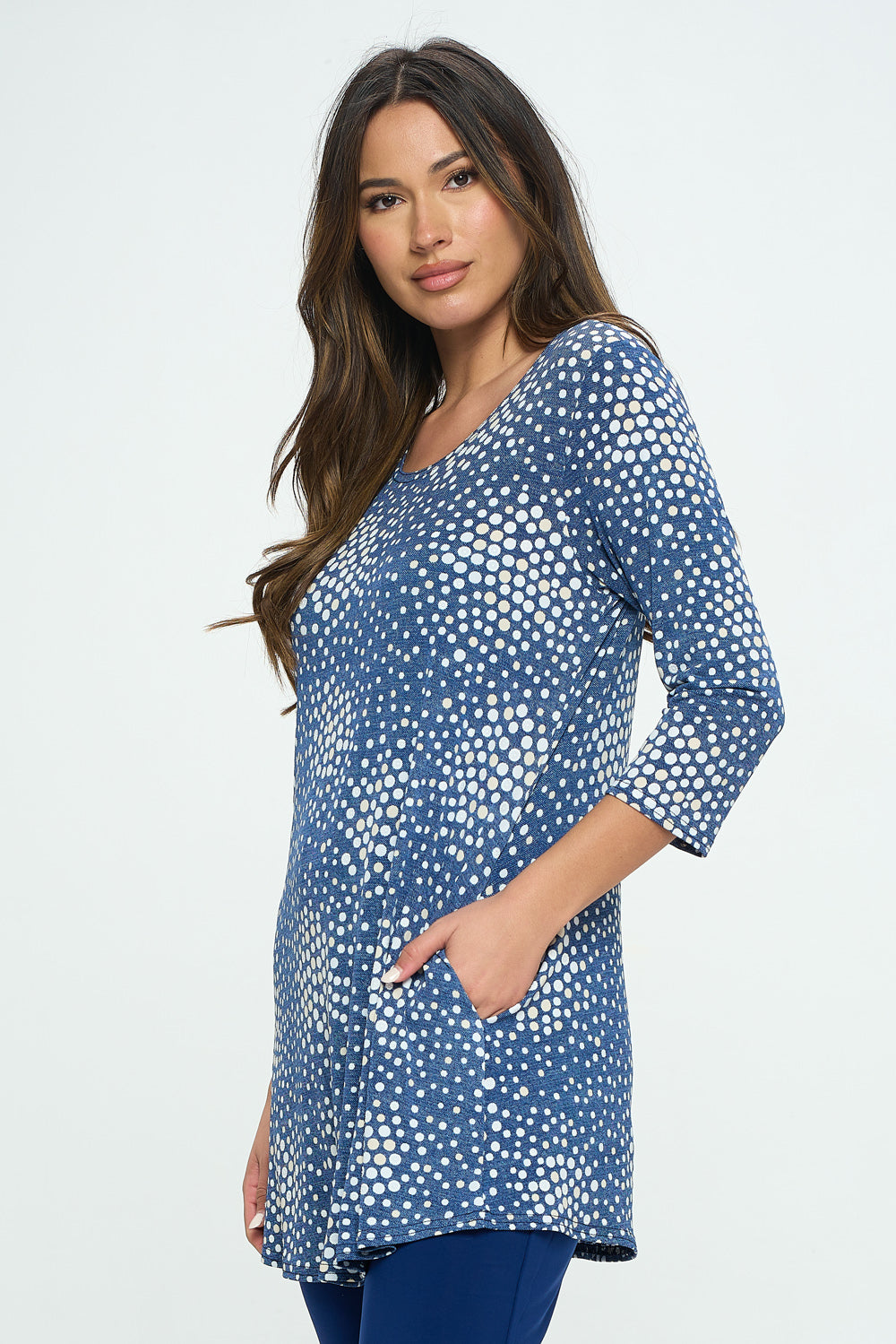 Denim Inspired Polka Dot Confetti Print Quarter Sleeve Top with Side Seam Pockets-3086HT-QRP1-K-W374