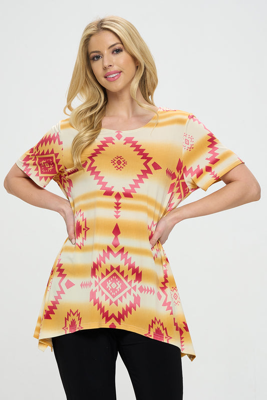 Southwest Print Handkerchief Hem Top-3088HT-SRP1-W365