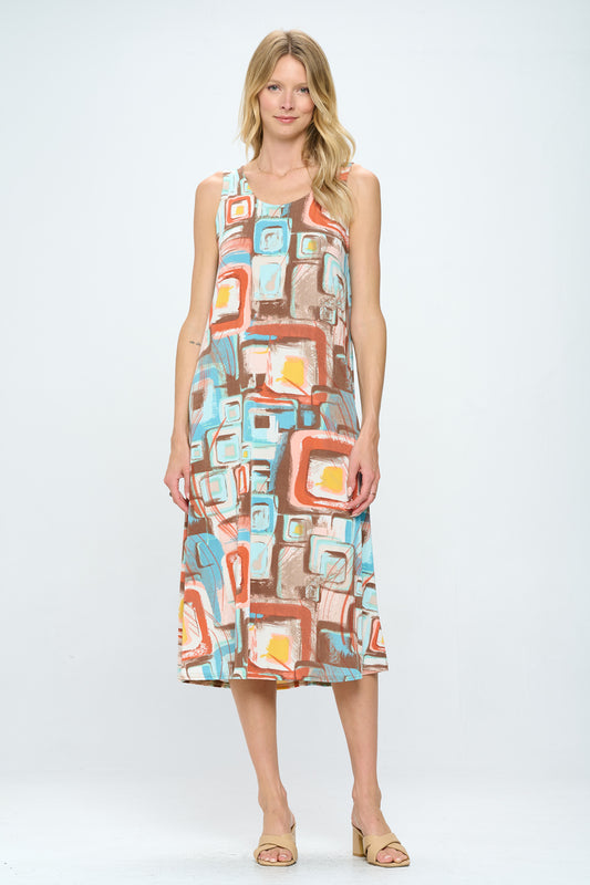 Neutrals Abstracts  Print  Long Tank Dress Print -7000BN-TRP1-W364