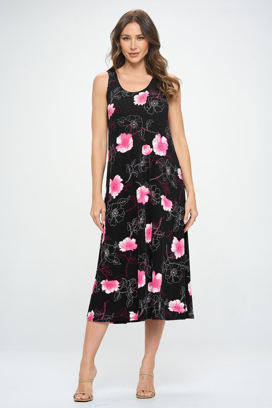 Bns Long Tank Dress with Bold Prints - Hot Pink & Black