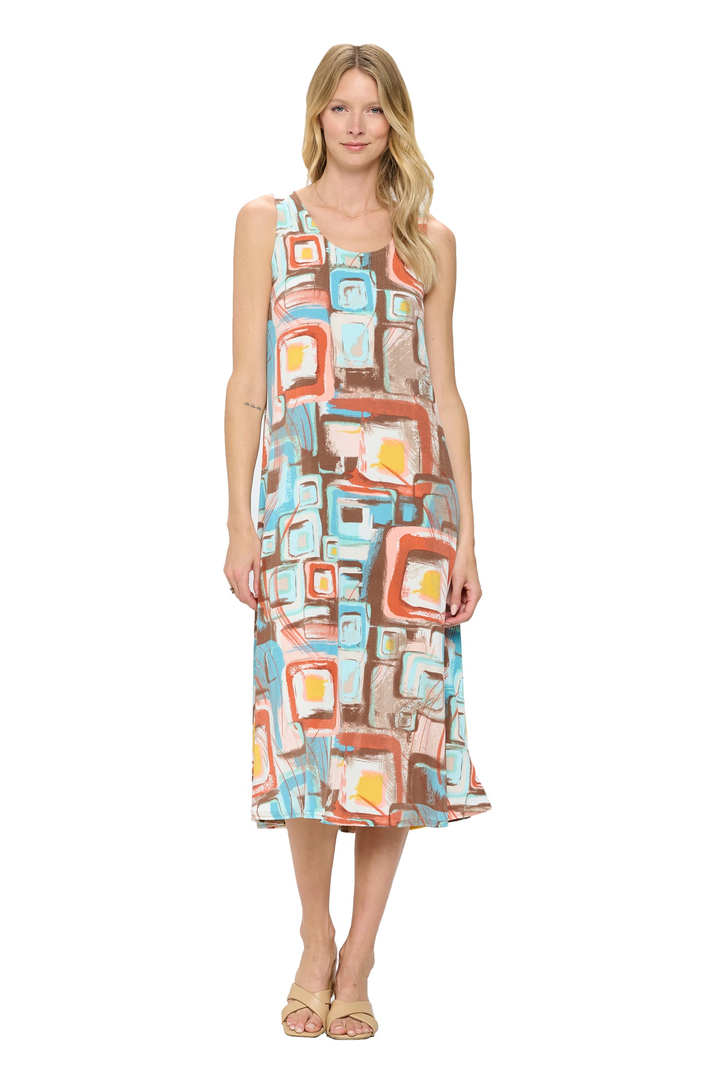 Plus Size Print Stretchy Tank Long Dress-7000BN-TXP1-W364