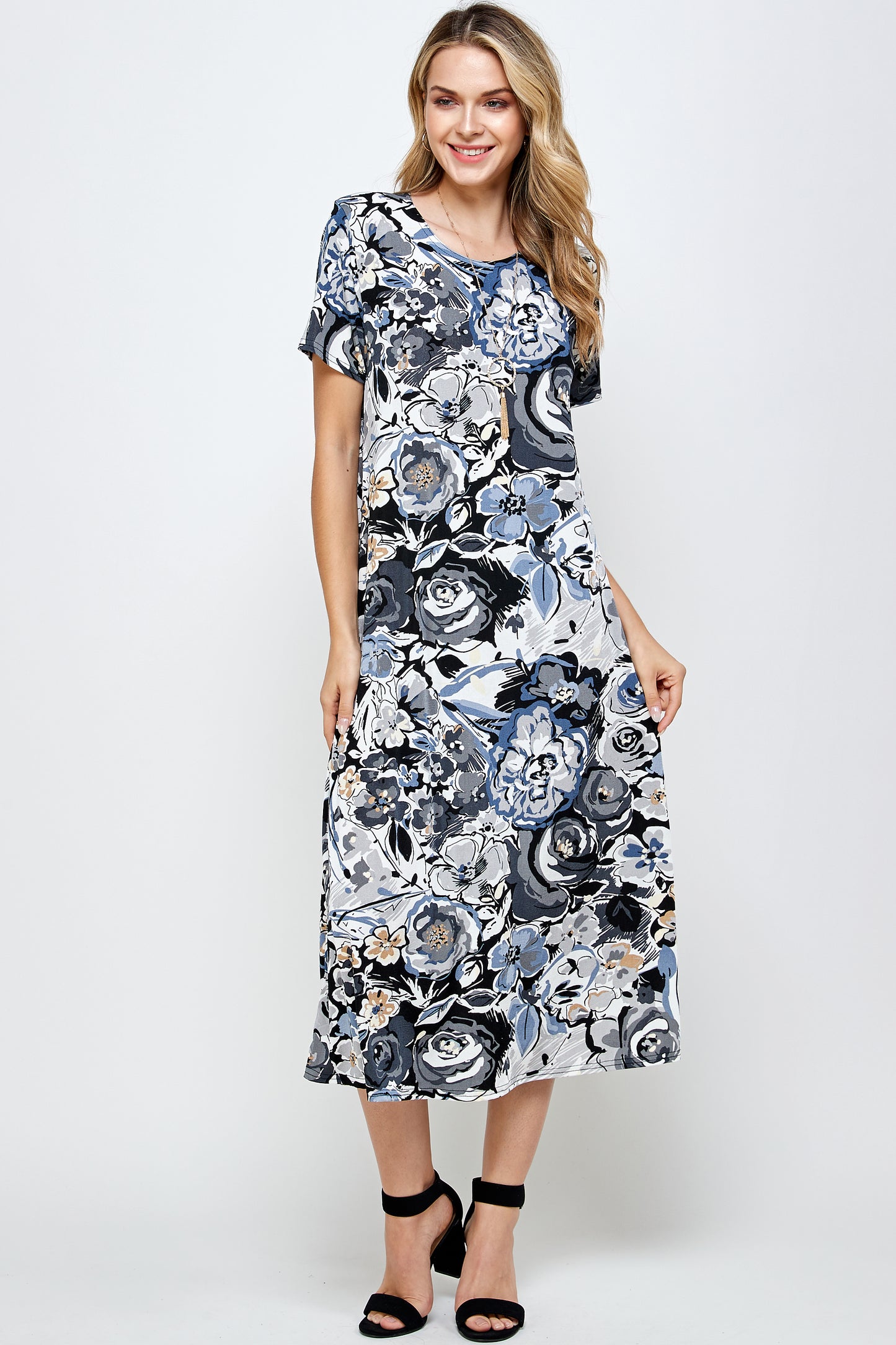 Women's Stretchy Long Dress Short Sleeve Print-7002BN-SRP1-W293