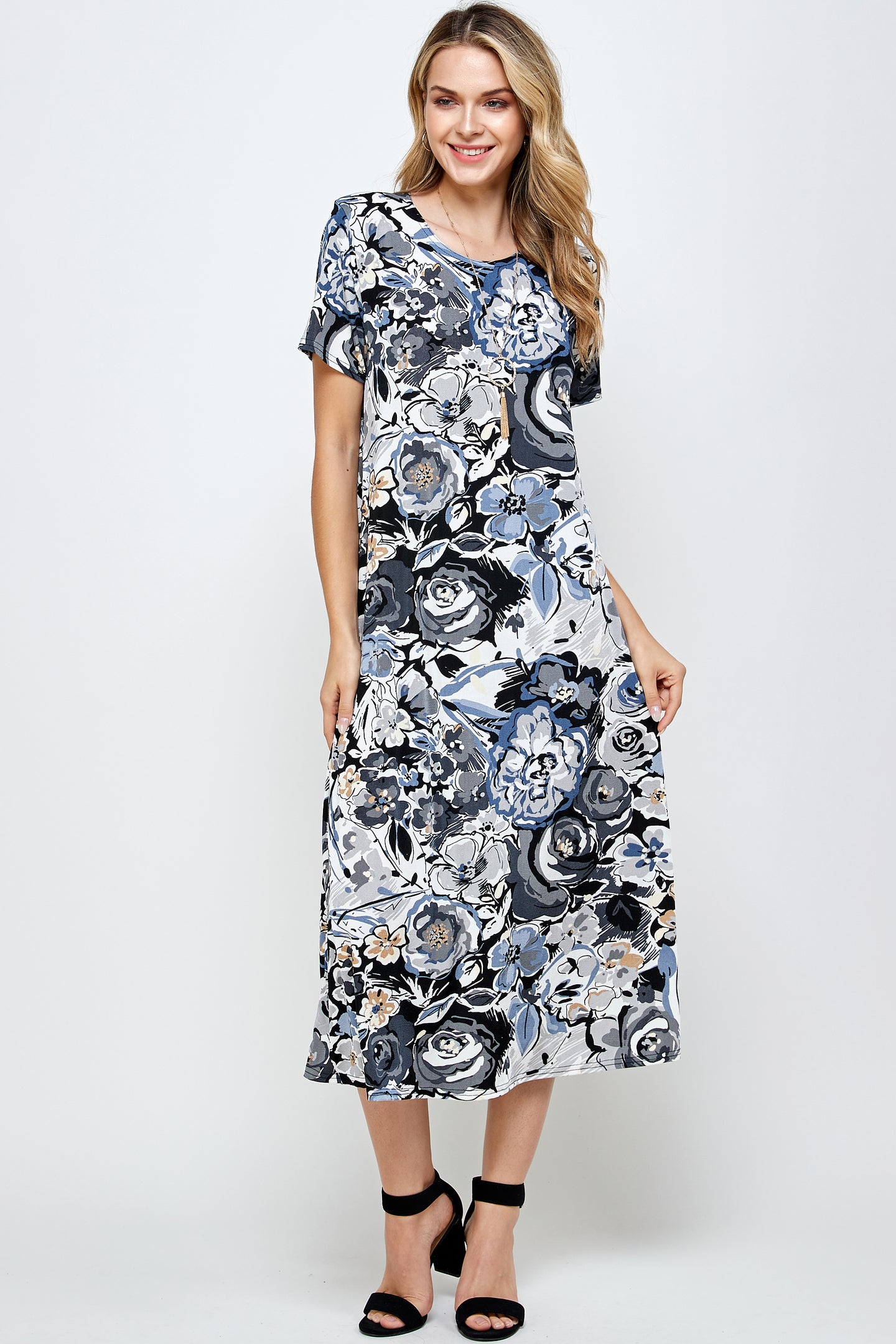 Women's Stretchy Long Dress Short Sleeve Print-7002BN-SRP1-W293 - Jostar Online