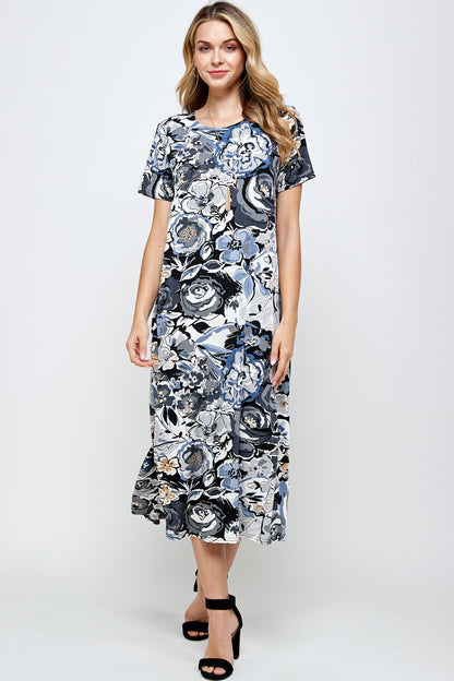 Women's Stretchy Long Dress Short Sleeve Print-7002BN-SRP1-W293