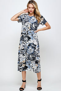 Women's Stretchy Long Dress Short Sleeve Print-7002BN-SRP1-W293 - Jostar Online