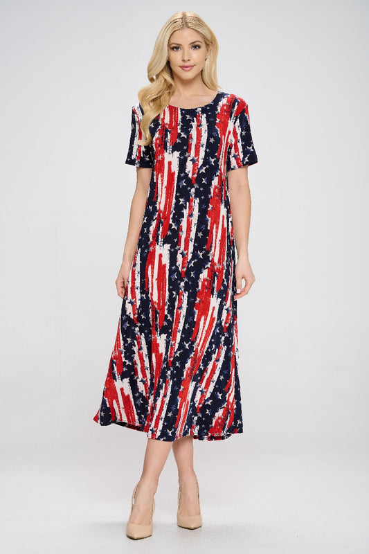 American Plus Size Print  Long Dress Short Sleeve - 702BN-SXP1-W306