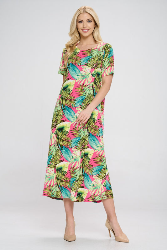 Women's Stretchy Long Dress Short Sleeve Print-7002BN-SRP1-W311