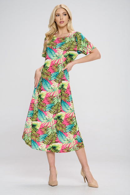 Stretchy Long Dress Short Sleeve Print-7002BN-SRP1-W311