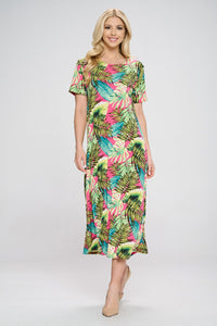 Stretchy Long Dress Short Sleeve Print-7002BN-SRP1-W311 - Jostar Online