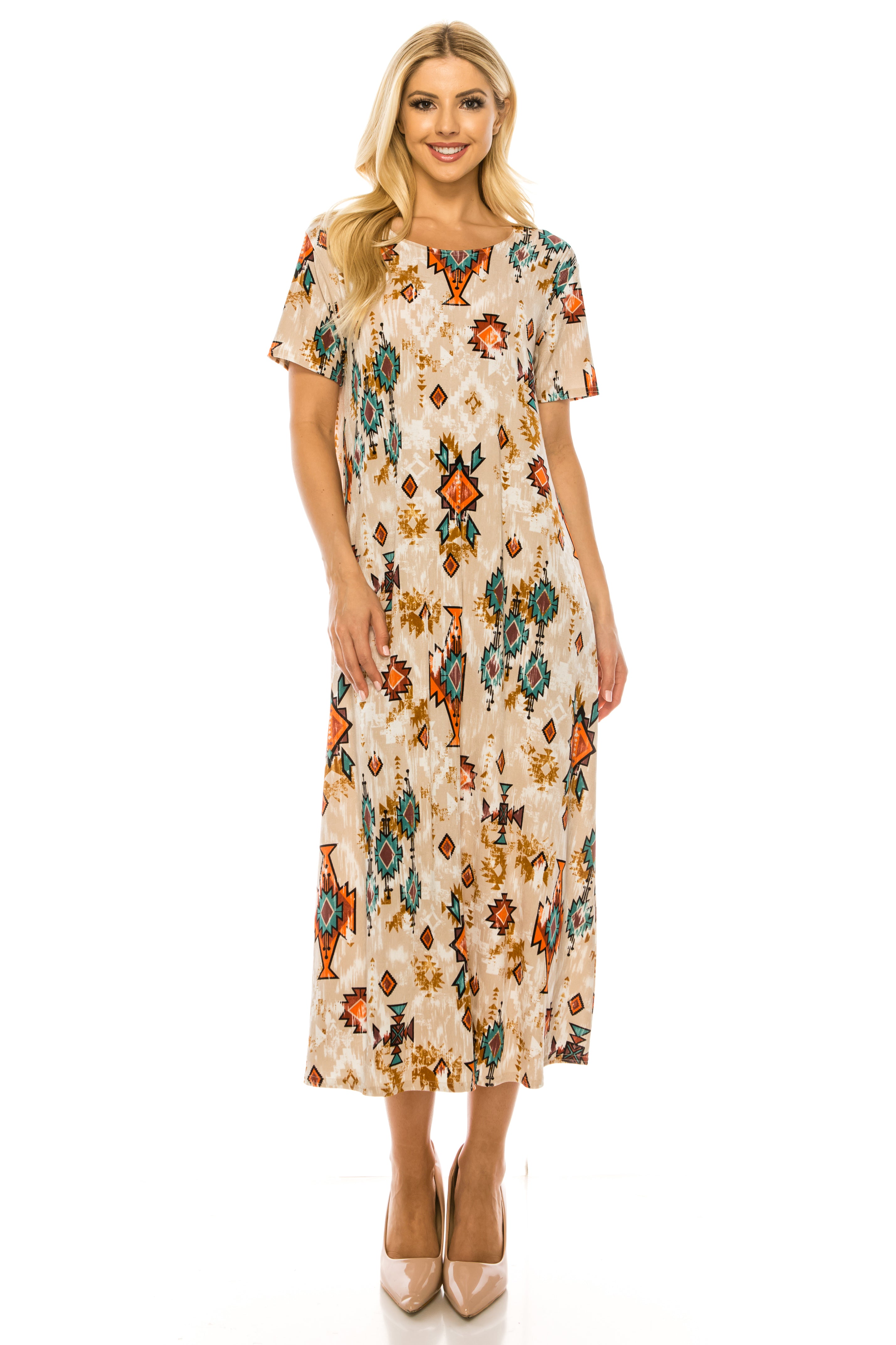 Stretchy Long Dress Short Sleeve Print, 7002BN-SRP1-W317 – Jostar Online