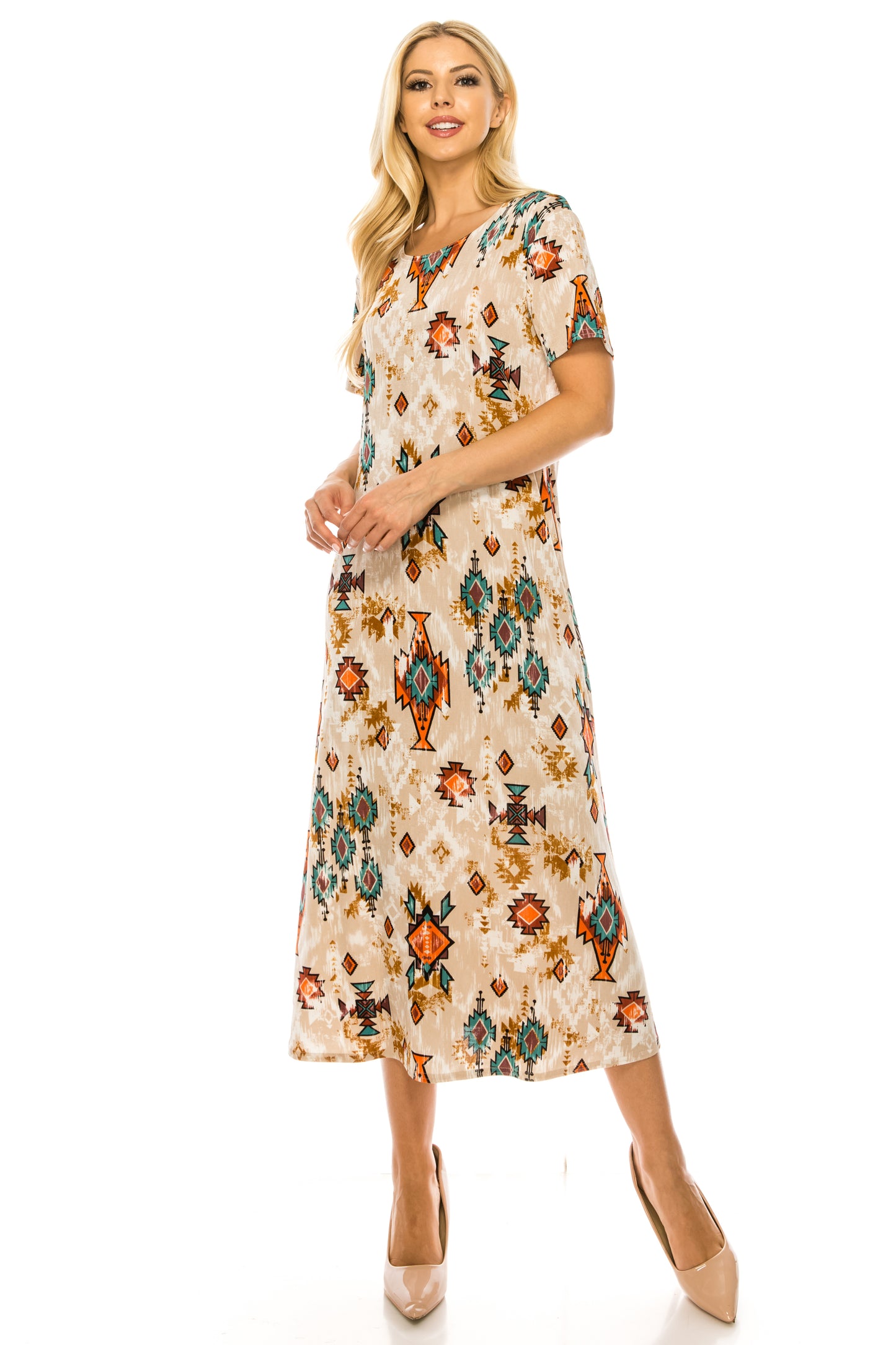 Women's Stretchy Long Dress Short Sleeve Print, 7002BN-SRP1-W317