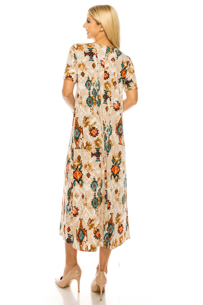 Stretchy Long Dress Short Sleeve Print, 7002BN-SRP1-W317