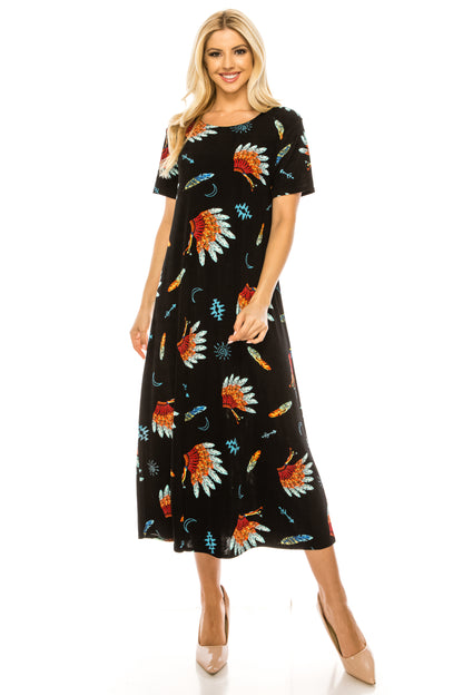 Stretchy Long Dress Short Sleeve Print, 7002BN-SRP1-W321