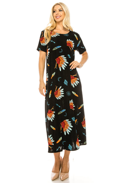 Stretchy Long Dress Short Sleeve Print, 7002BN-SRP1-W321