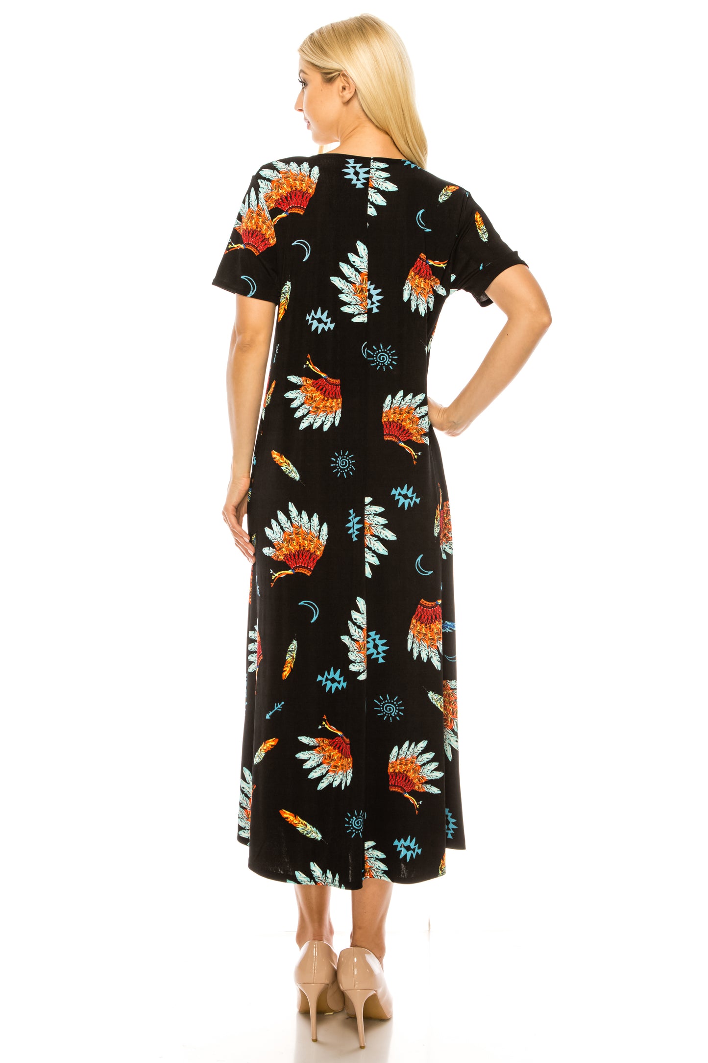 Women's Stretchy Long Dress Short Sleeve Print, 7002BN-SRP1-W321