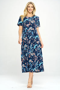 Stretchy Long Dress Short Sleeve Print-7002BN-SRP1-W323