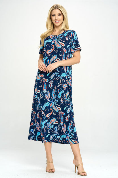 Stretchy Long Dress Short Sleeve Print-7002BN-SRP1-W323