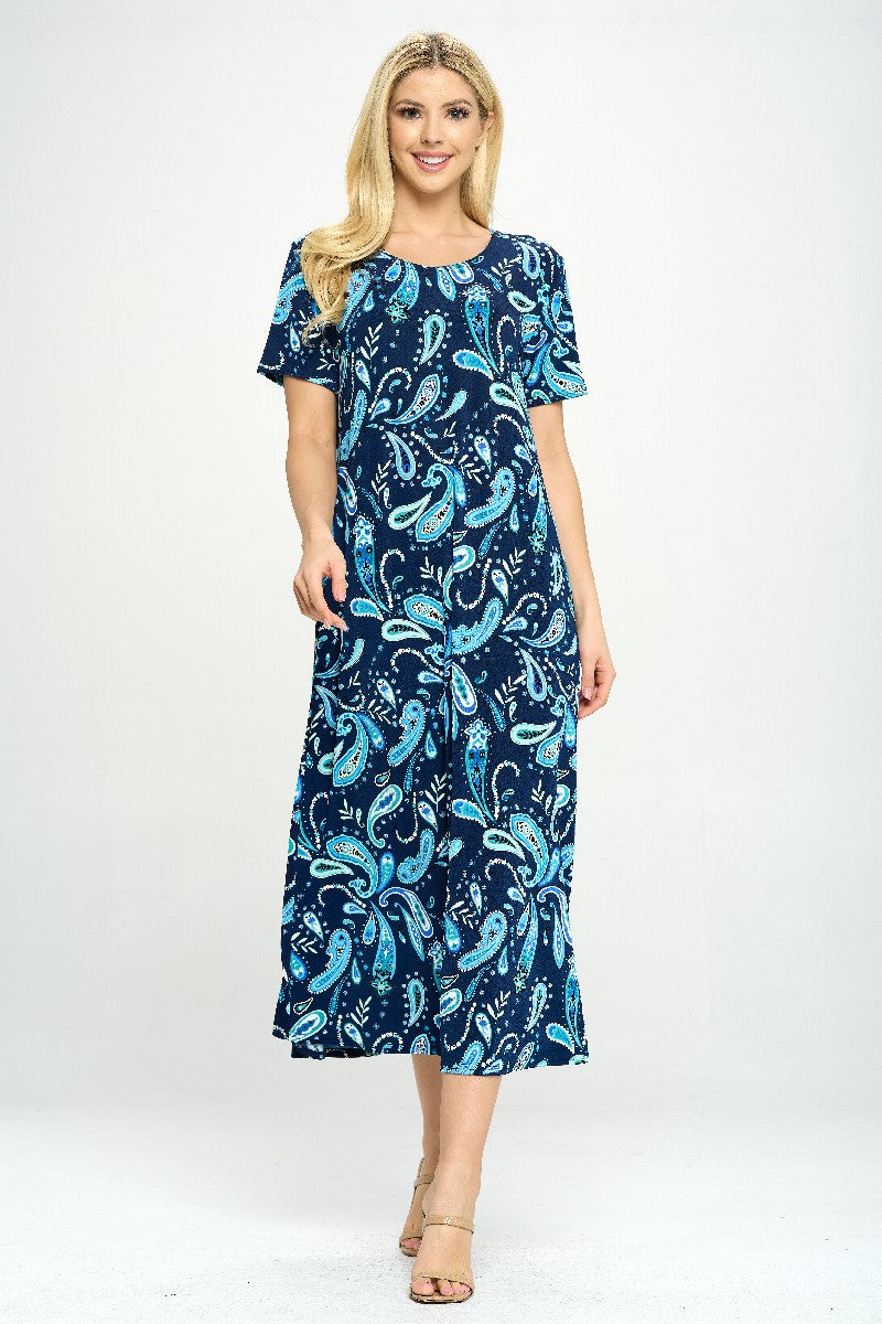 Stretchy Long Dress Short Sleeve Print-7002BN-SRP1-W323