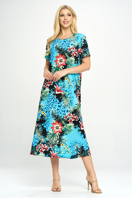 Women's Stretchy Long Dress Short Sleeve Print-702BN-SP-W326