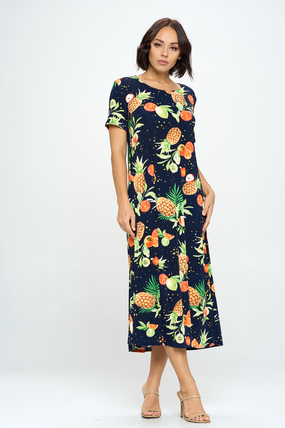 Women's Stretchy Long Dress Short Sleeve Print-7002BN-SRP1-W327