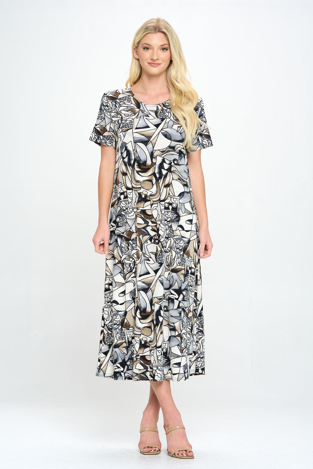 Stretchy Long Dress Short Sleeve Print-7002BN-SRP1-W329