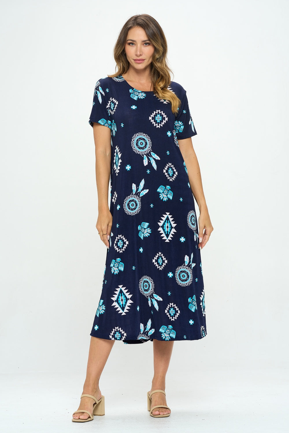 Stretchy Long Dress Short Sleeve Print-7002BN-SRP1-W370