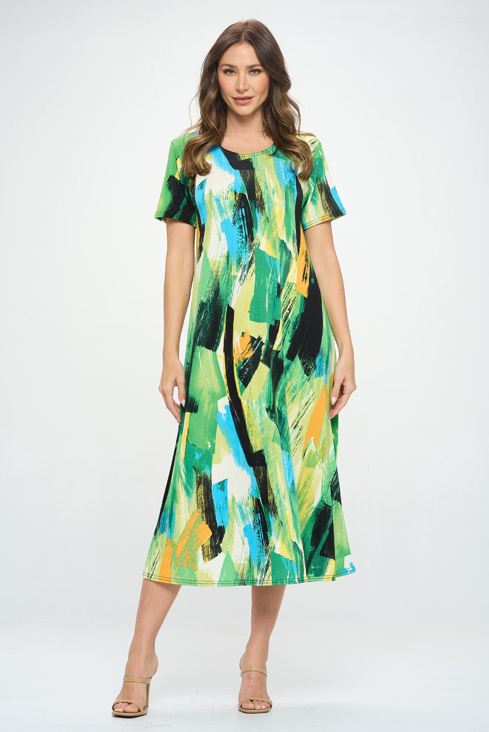 Stretchy Long Dress Short Sleeve Print-7002BN-SRP1-W379