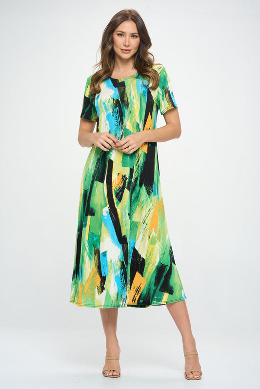 Stretchy Long Dress Short Sleeve Print-7002BN-SRP1-W379