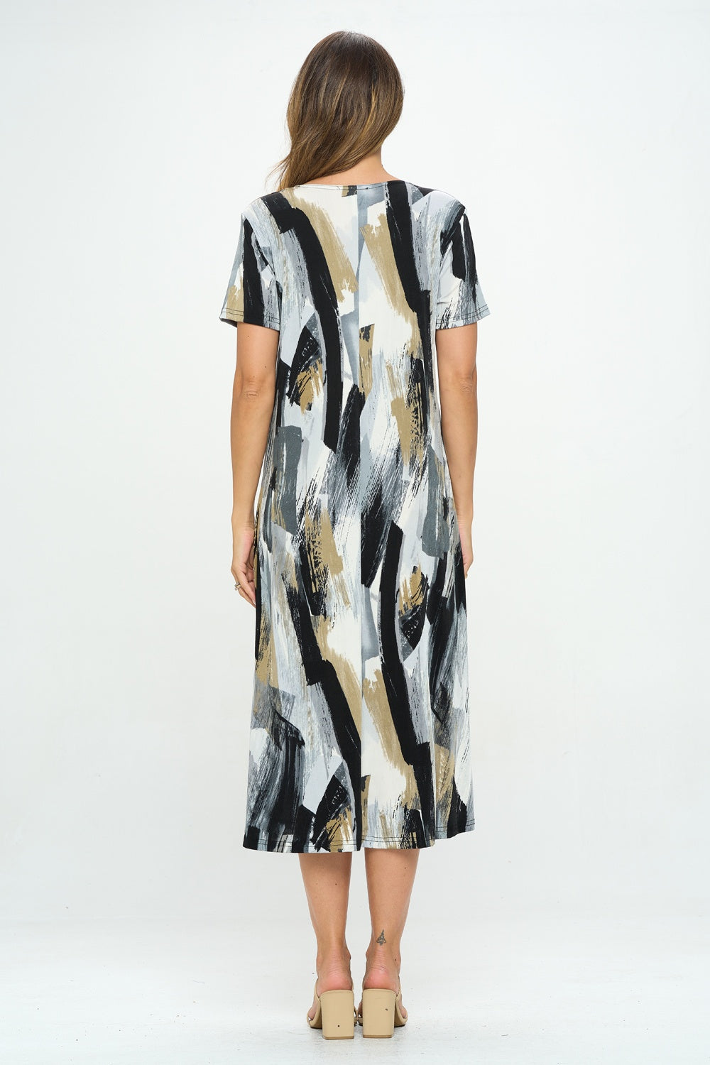 Stretchy Long Dress Short Sleeve Print-7002BN-SRP1-W379