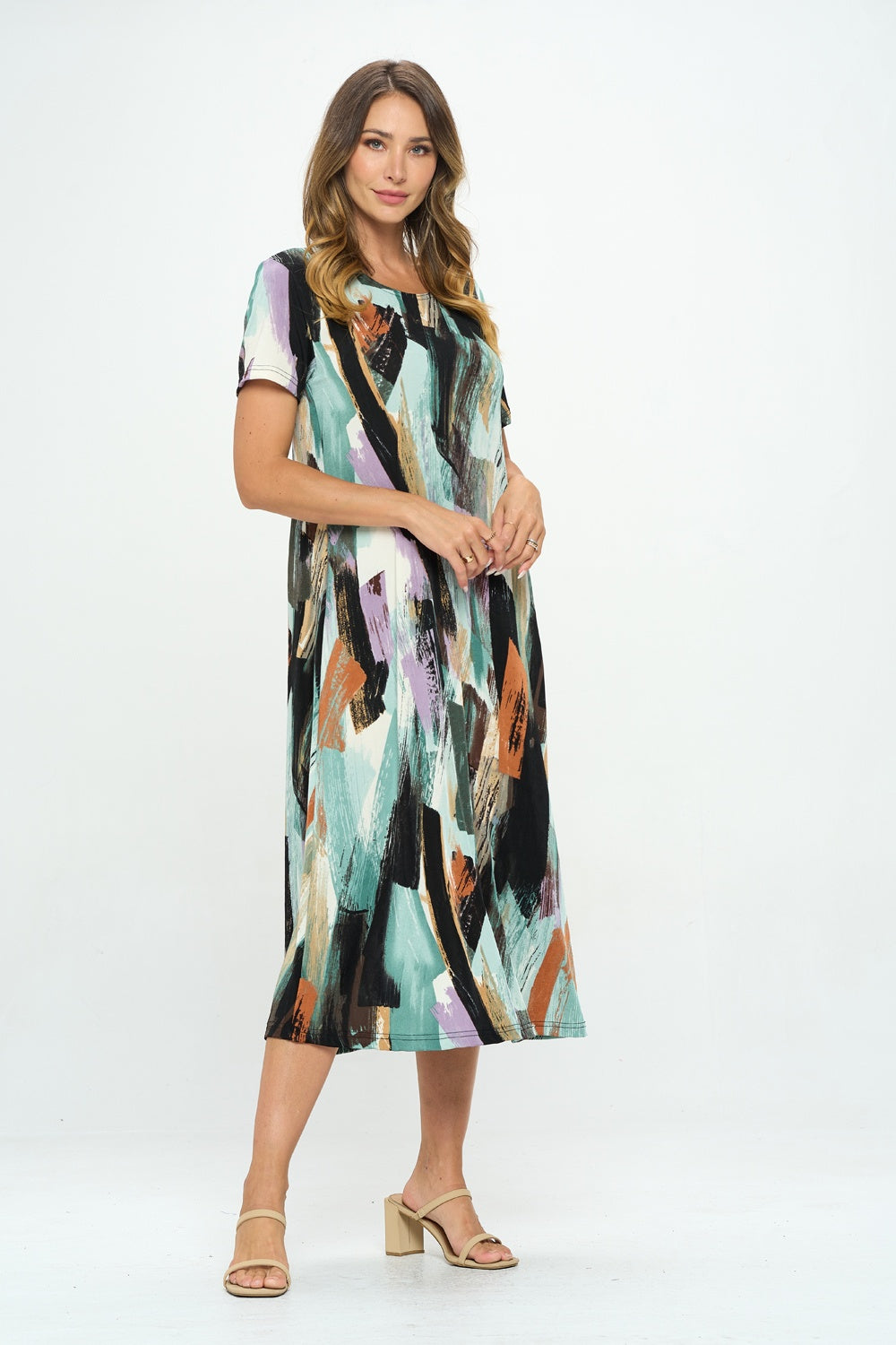 Stretchy Long Dress Short Sleeve Print-7002BN-SRP1-W379