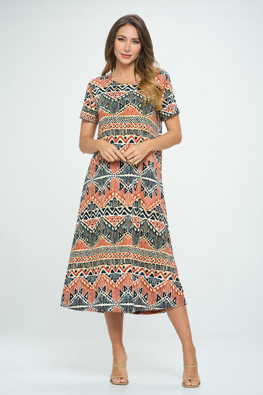 Print Long Dress Short Sleeve -7002BN-SRP1-W381