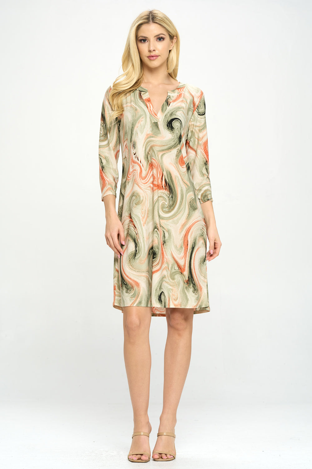 HIT Notch Neck Quarter Sleeve Print Dress-7076HT-QRP1-W330