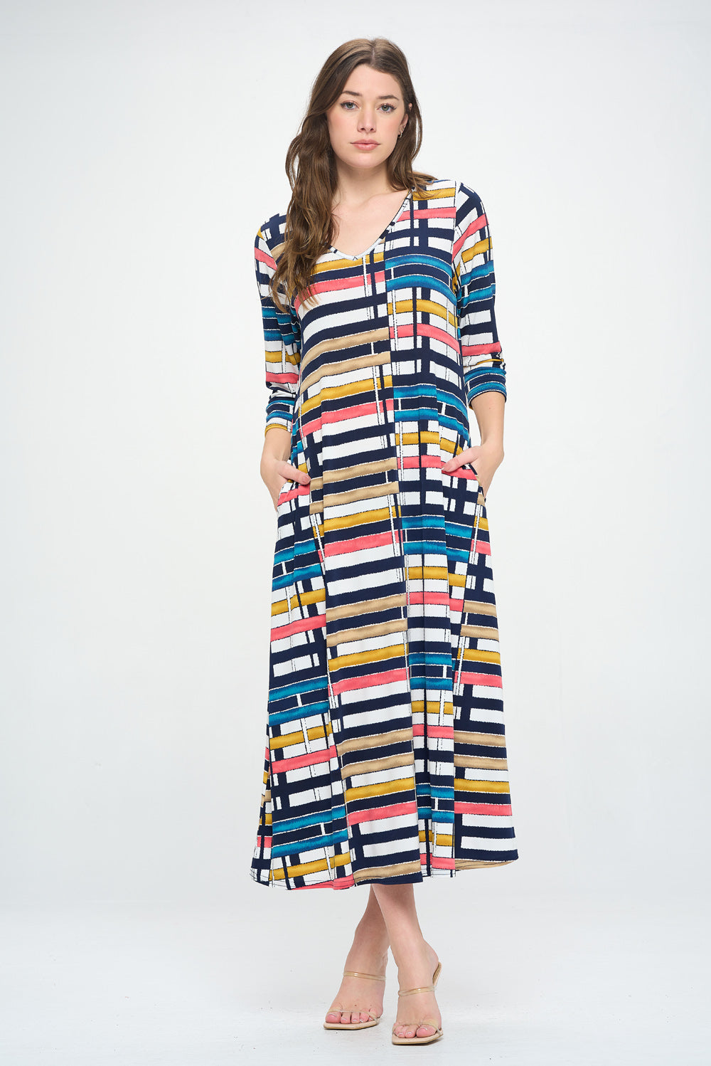 Plus Size HIT V-Neck Long Dress W/Pocket-7085HT-QXP1-W358