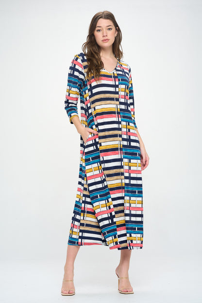 Plus Size HIT V-Neck Long Dress W/Pocket-7085HT-QXP1-W358