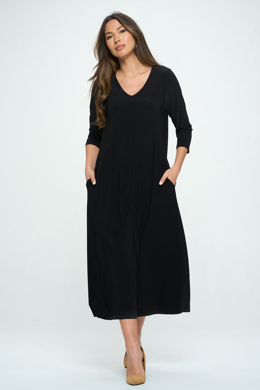 HIT V-Neck Long Dress W/Pocket-7085HT-QRS1-K