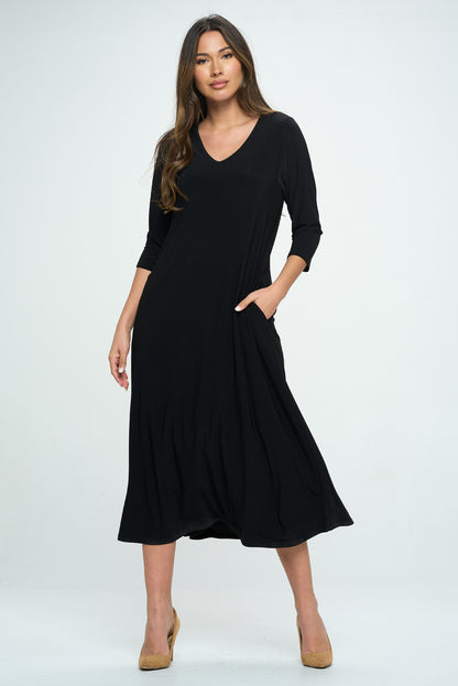 HIT V-Neck Long Dress W/Pocket-7085HT-QRS1-K