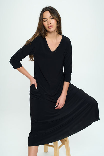 HIT V-Neck Long Dress W/Pocket-7085HT-QRS1-K