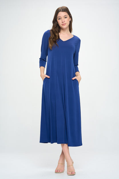 HIT V-Neck Long Dress W/Pocket-7085HT-QRS1-K