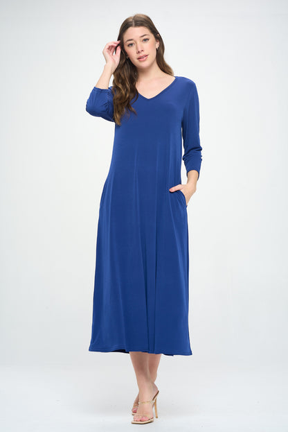 HIT V-Neck Long Dress W/Pocket-7085HT-QRS1-K