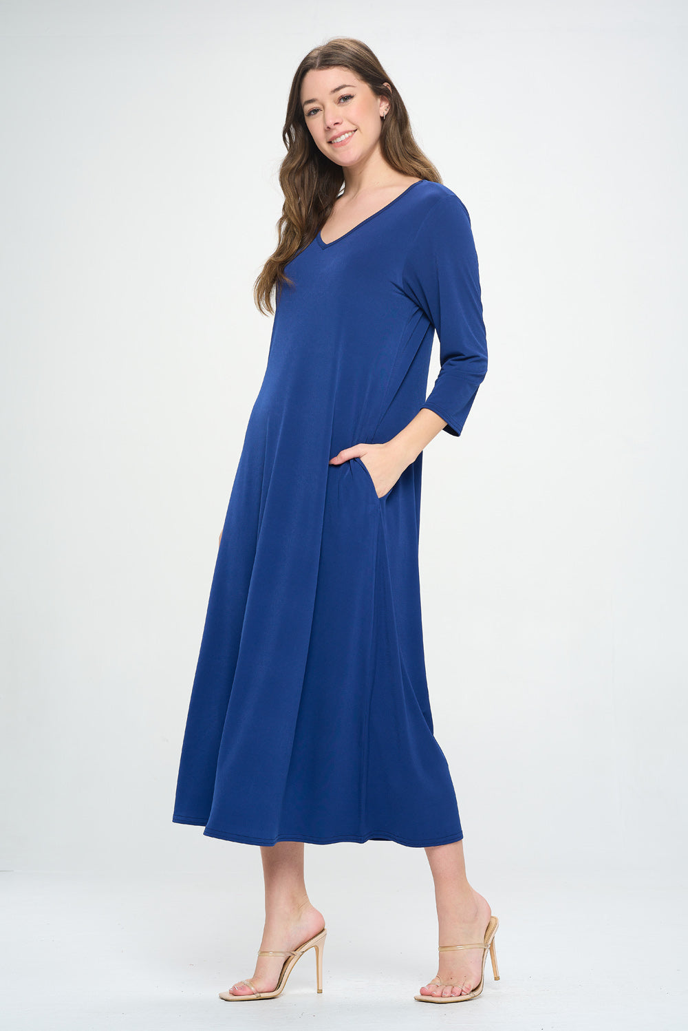 HIT V-Neck Long Dress W/Pocket-7085HT-QRS1-K