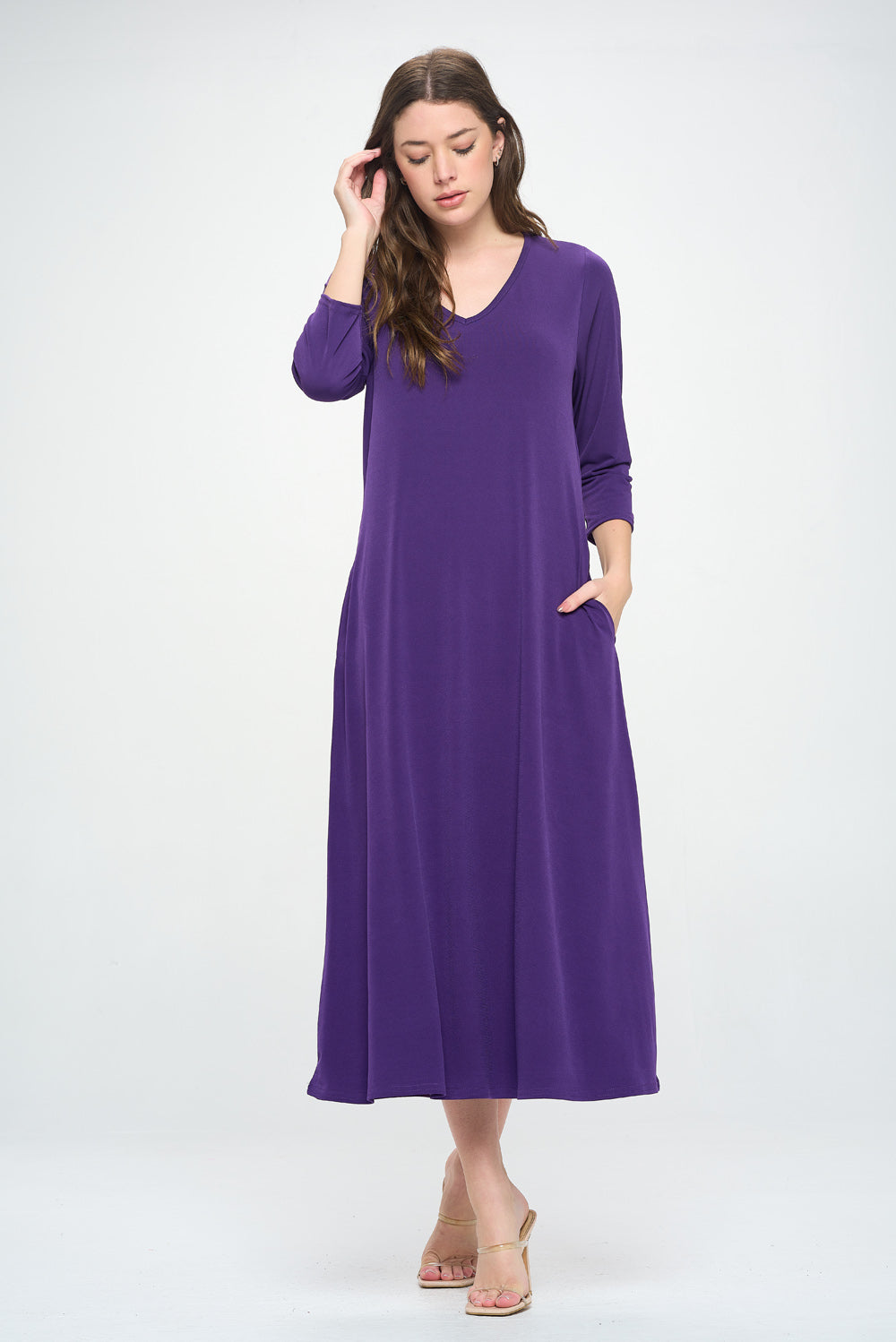 HIT V-Neck Long Dress W/Pocket-7085HT-QRS1-K