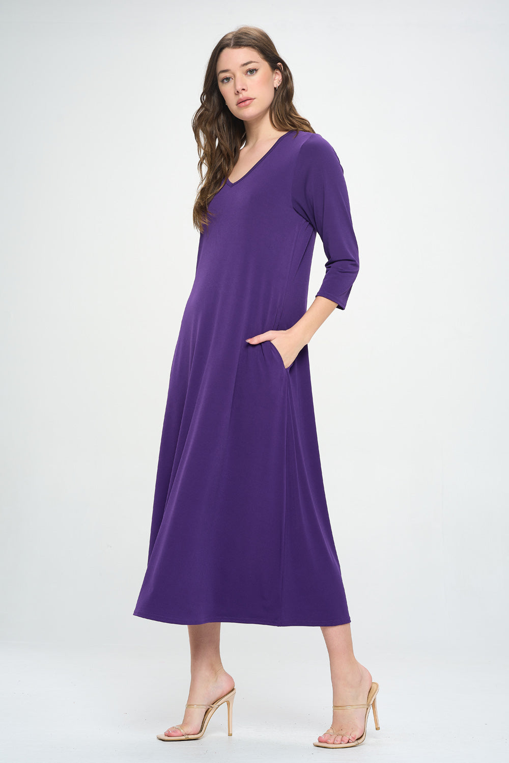 Plus Size HIT V-Neck Long Dress W/Pocket-7085HT-QXS1-K