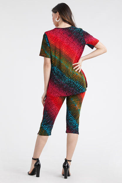 Women's Stretchy Capri Pant Set Short Sleeve Print-9003BN-SRP1-W182 - Jostar Online