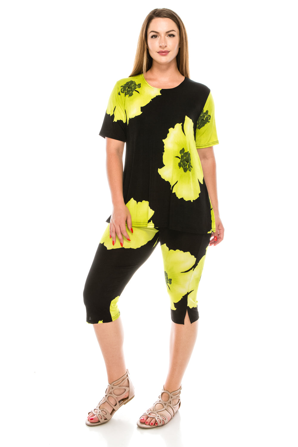 Floral Capri Pant Set Short Sleeve Print-9003BN-SRP1-W113 - Jostar Online