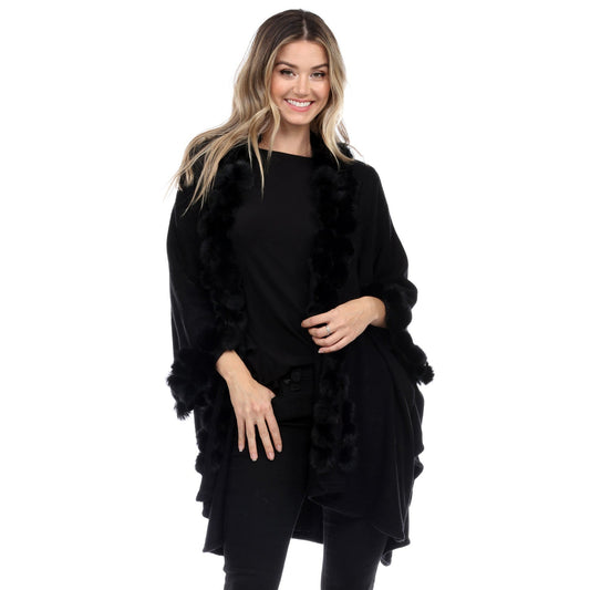 Rabbit Fur Ball Faux Trim Cape Winter Poncho-1901