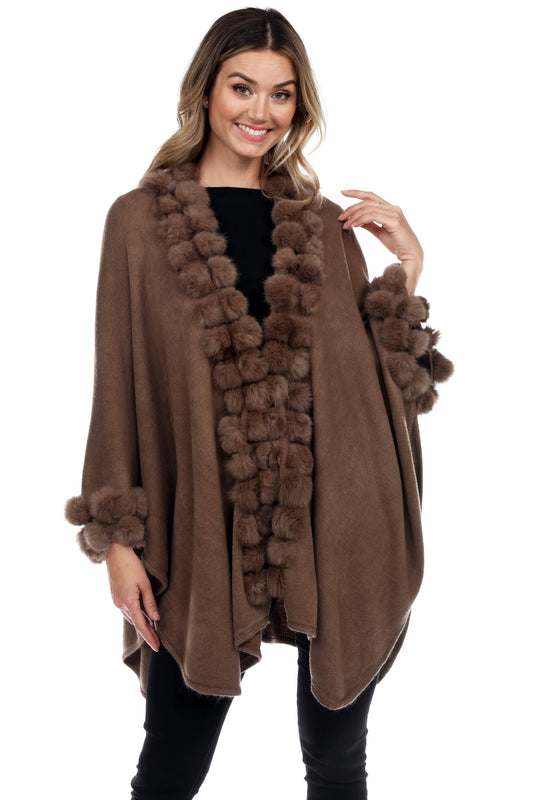 Rabbit Fur Ball Faux Trim Cape Winter Poncho-1901