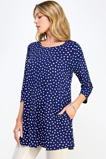 Blue Polka Dot Print Quarter Sleeve Top with Side Seam Pockets-3086HT-QRP1-K-W032