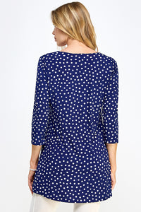 Blue Polka Dot Print Quarter Sleeve Top with Side Seam Pockets-3086HT-QRP1-K-W032