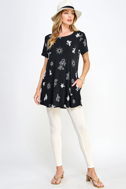 Desert Oasis Print Short Sleeve Top with Side Seam Pockets-3086BN-SRP1-K-W369