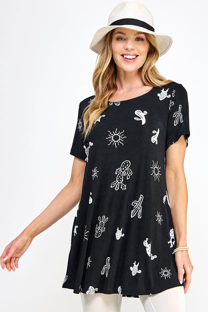 Desert Oasis Print Short Sleeve Top with Side Seam Pockets-3086BN-SRP1-K-W369